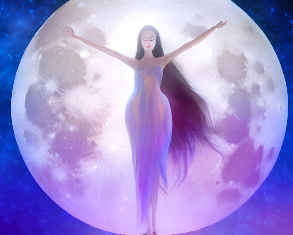 Mystical figure in sheer gown under luminous full moon