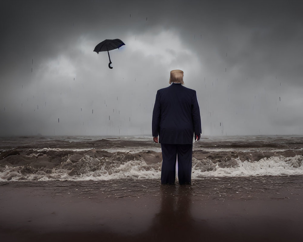 Person on Rainy Beach Facing Stormy Sea with Flying Umbrella