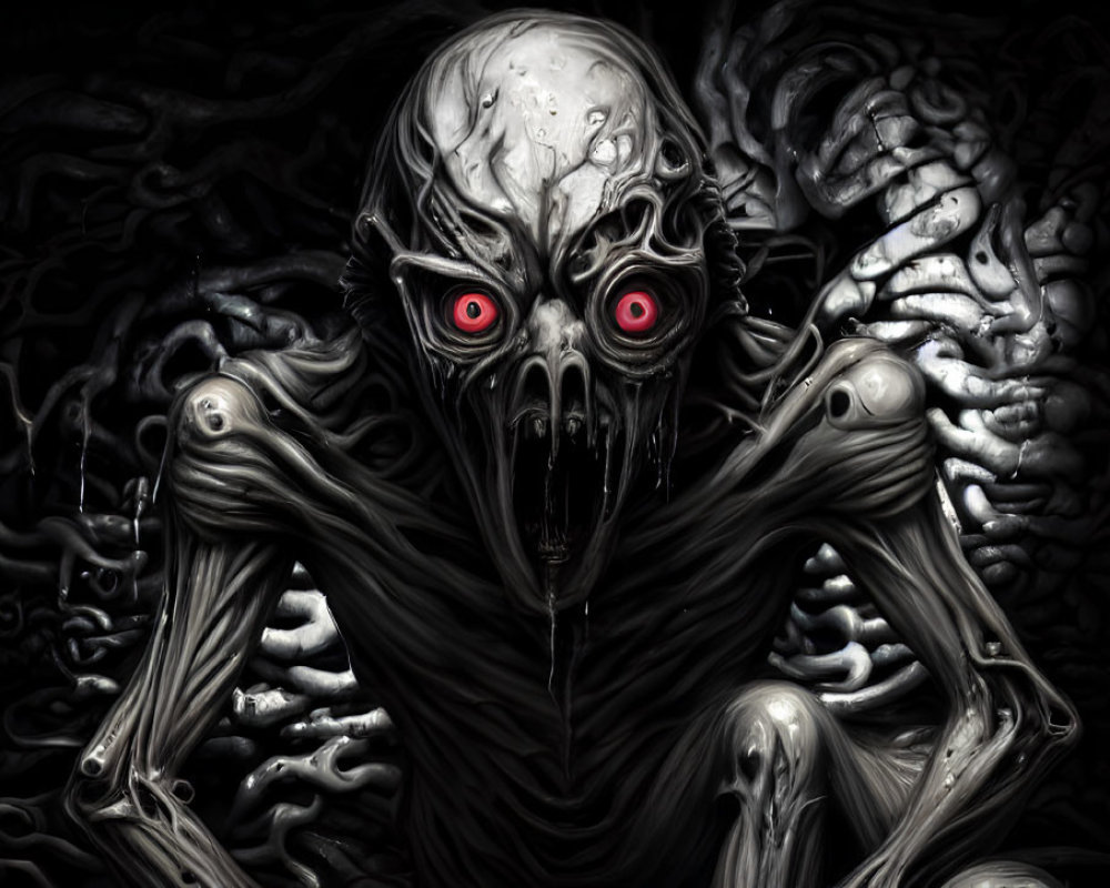 Sinister skeletal creature with red eyes in shadowy scene