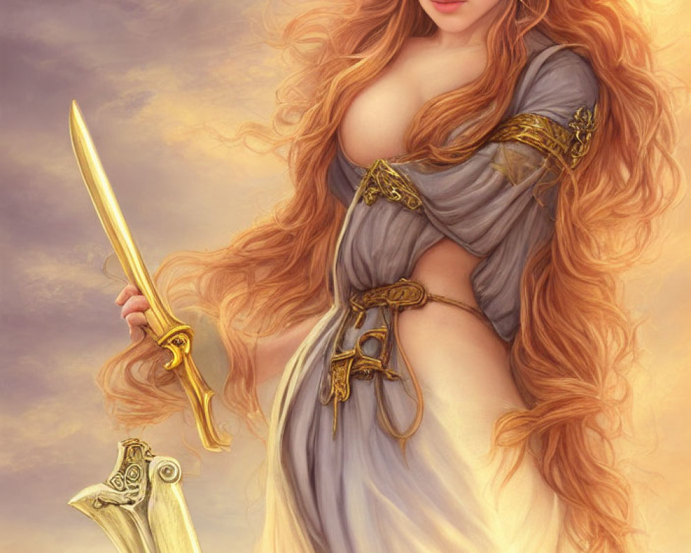 Fantasy illustration of woman with long wavy hair and sword in golden dress.