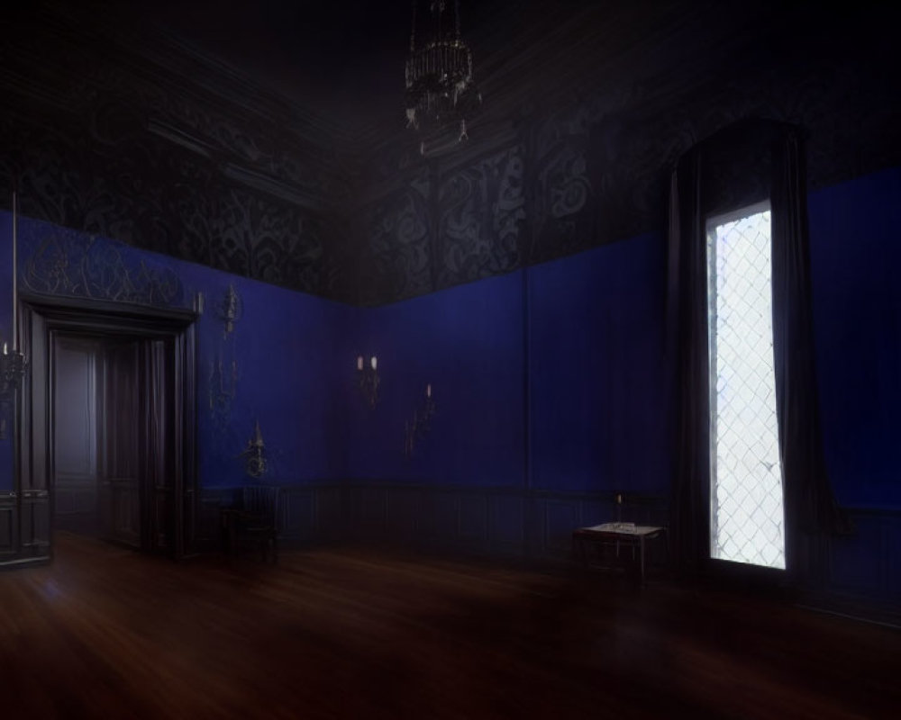 Spacious room with rich blue walls, ornate black ceiling, dark wood flooring, elegant door,