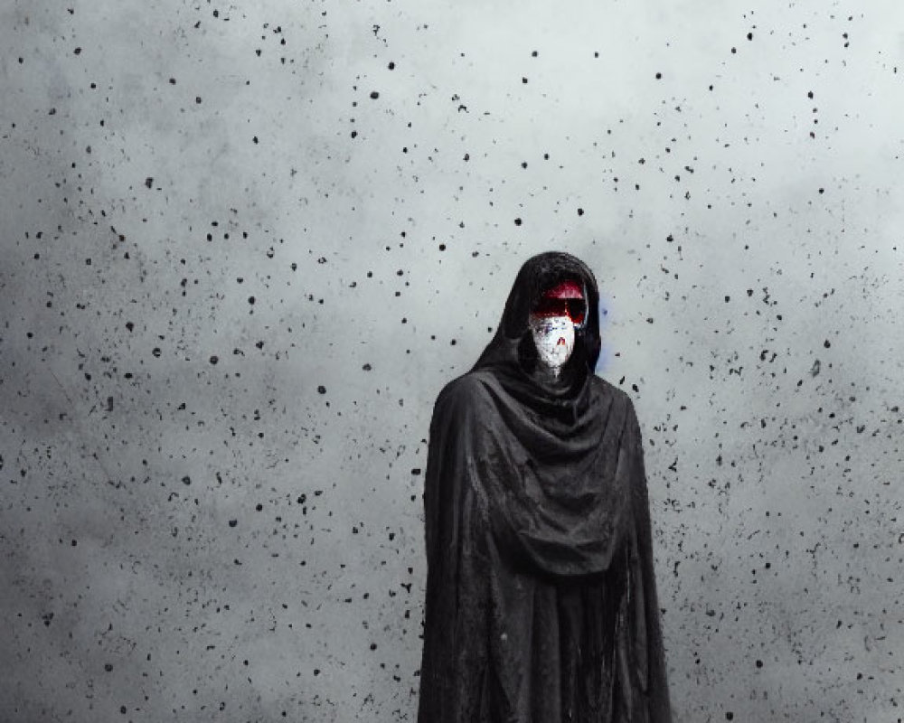 Mysterious figure in black cloak with white eyes and red markings on gray backdrop