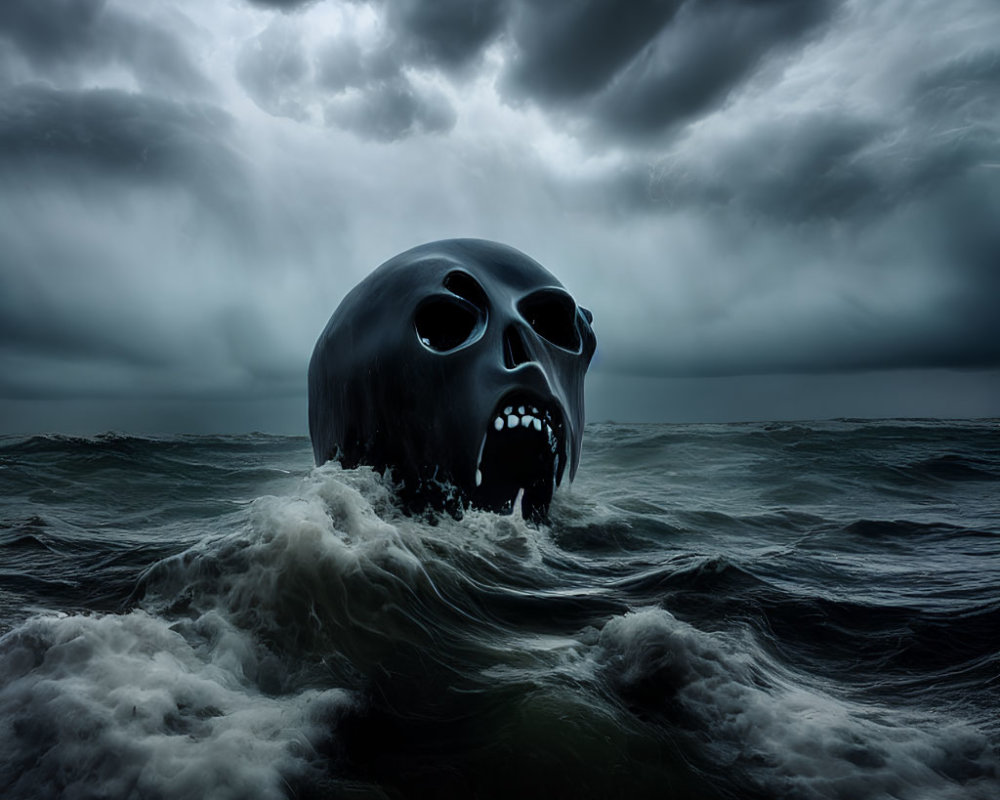 Giant Skull Partially Submerged in Stormy Ocean under Dark Sky