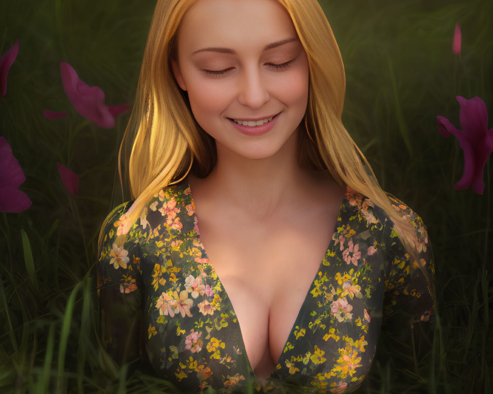 Blonde Woman in Floral Dress Surrounded by Nature