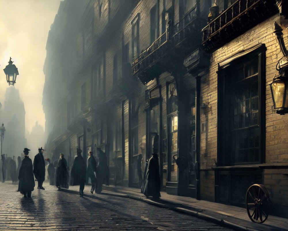 Vintage street scene with mist, gas lamps, and people in old-fashioned attire