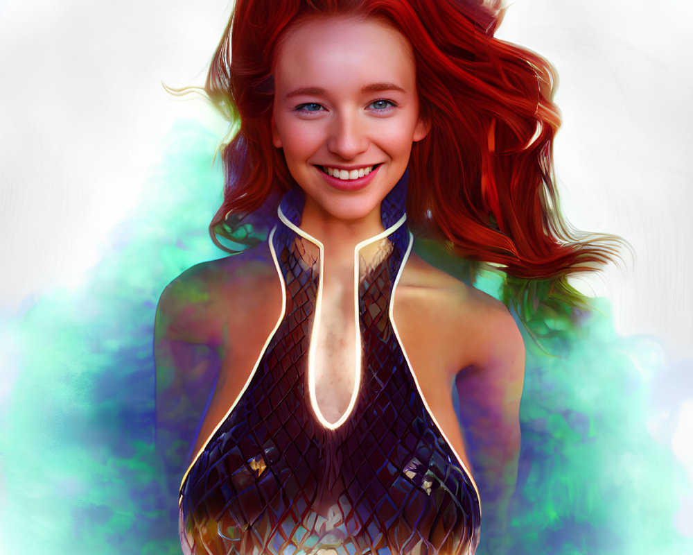 Smiling woman with red hair in futuristic mesh top on colorful abstract background