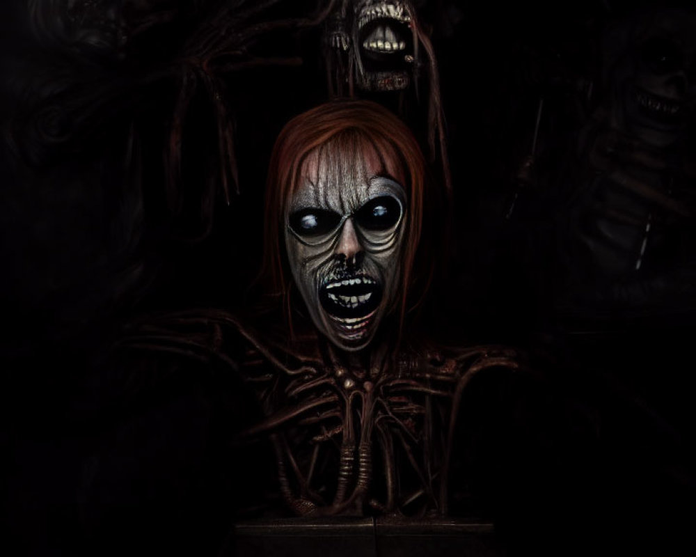 Macabre skeletal figure in red wig and mask with shadowy skulls