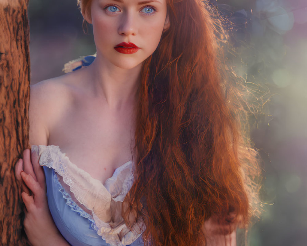 Red-haired woman in lace dress poses by tree in sunlit setting