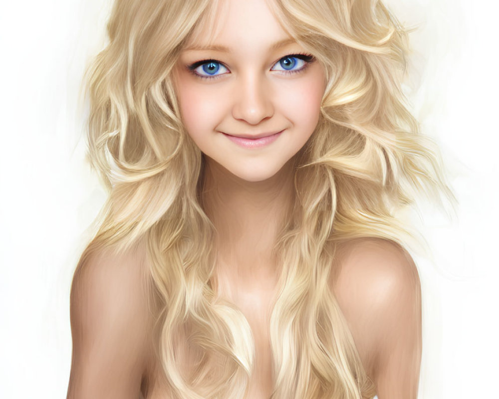 Young female digital portrait with blue eyes, blonde hair, and subtle smile on white background