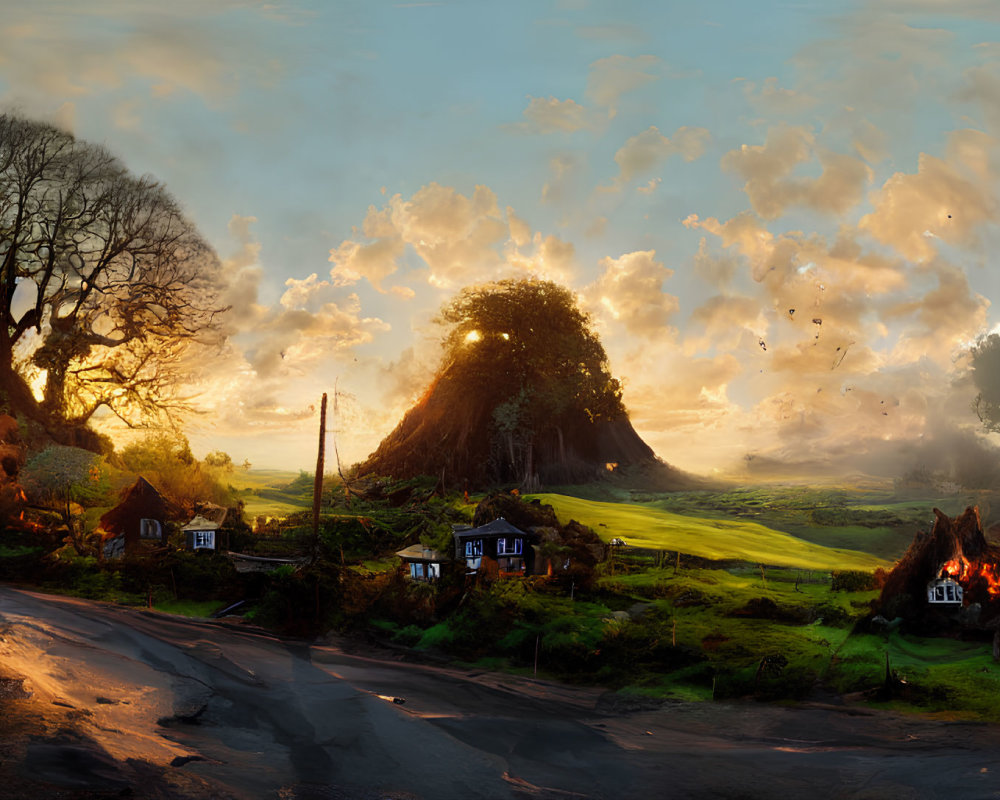 Scenic countryside sunset with winding road and quaint houses