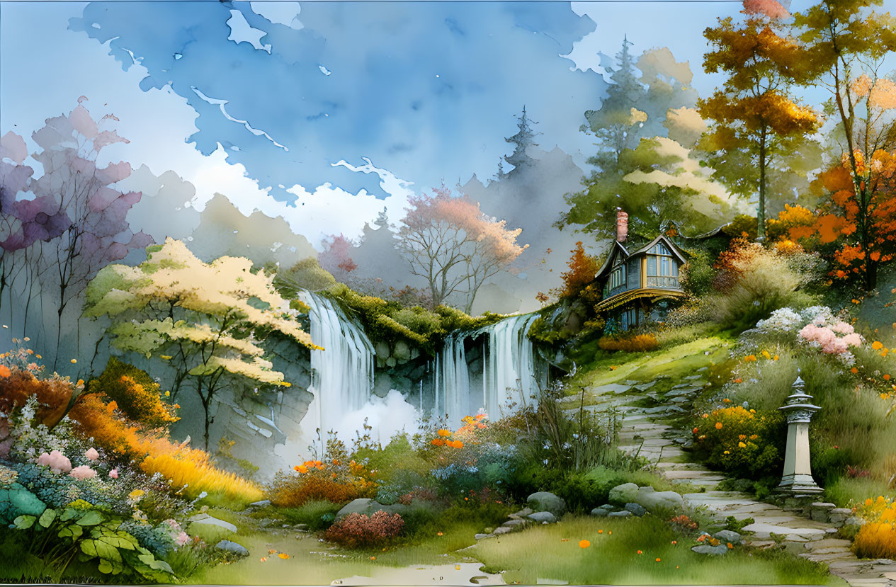 Vibrant garden with waterfall, cottage, blue sky & clouds