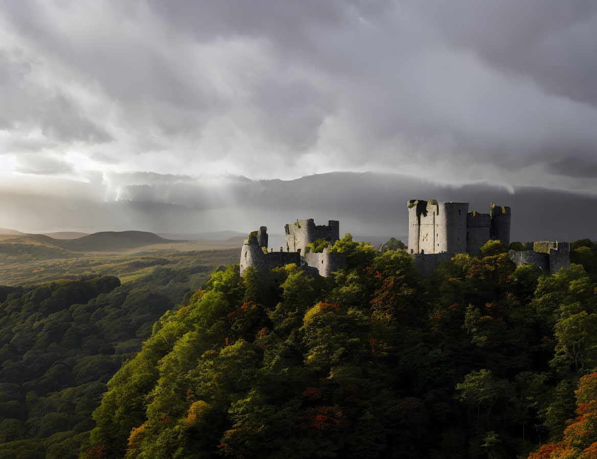 Abandoned castle on hill in forest under stormy sky