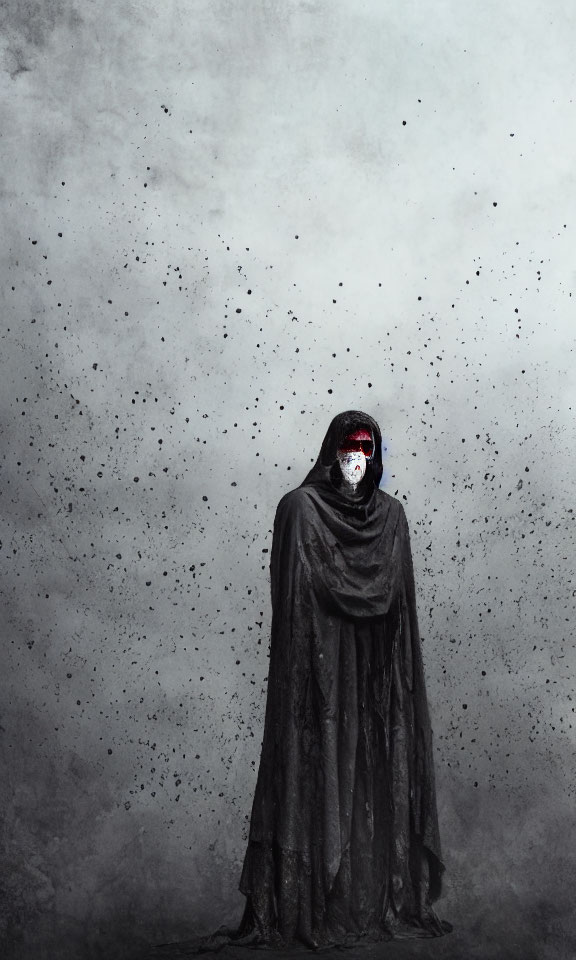 Mysterious figure in black cloak with white eyes and red markings on gray backdrop