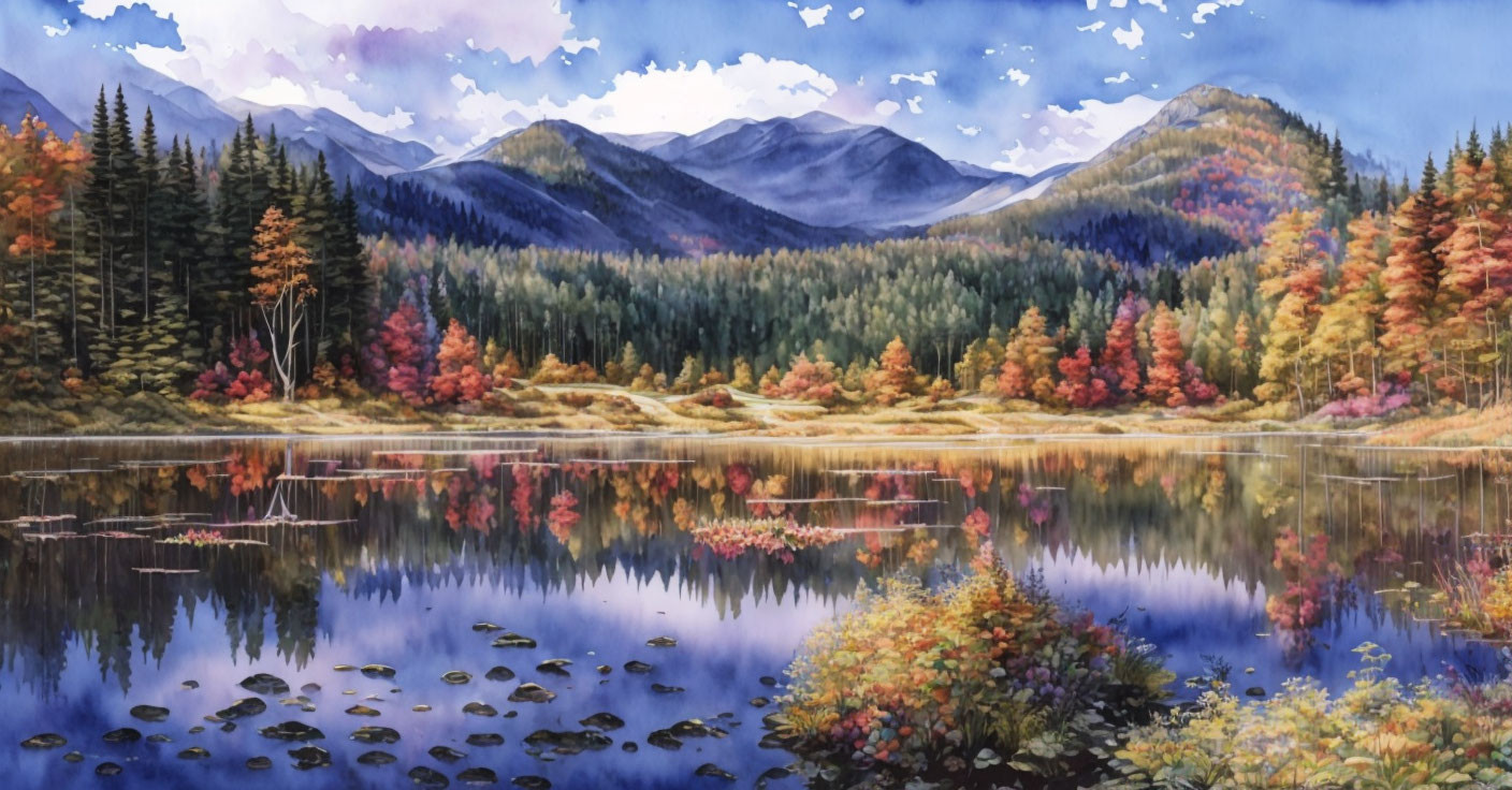 Tranquil landscape painting: serene lake, autumn trees, rolling hills, misty mountains