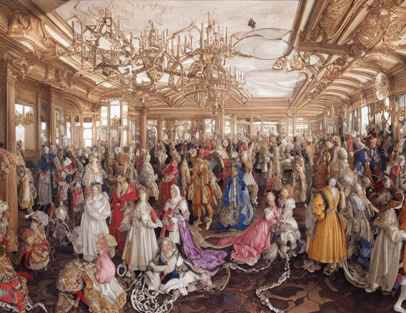 Grand ballroom with ornate chandeliers, wood panelling, and historical figures in elegant costumes