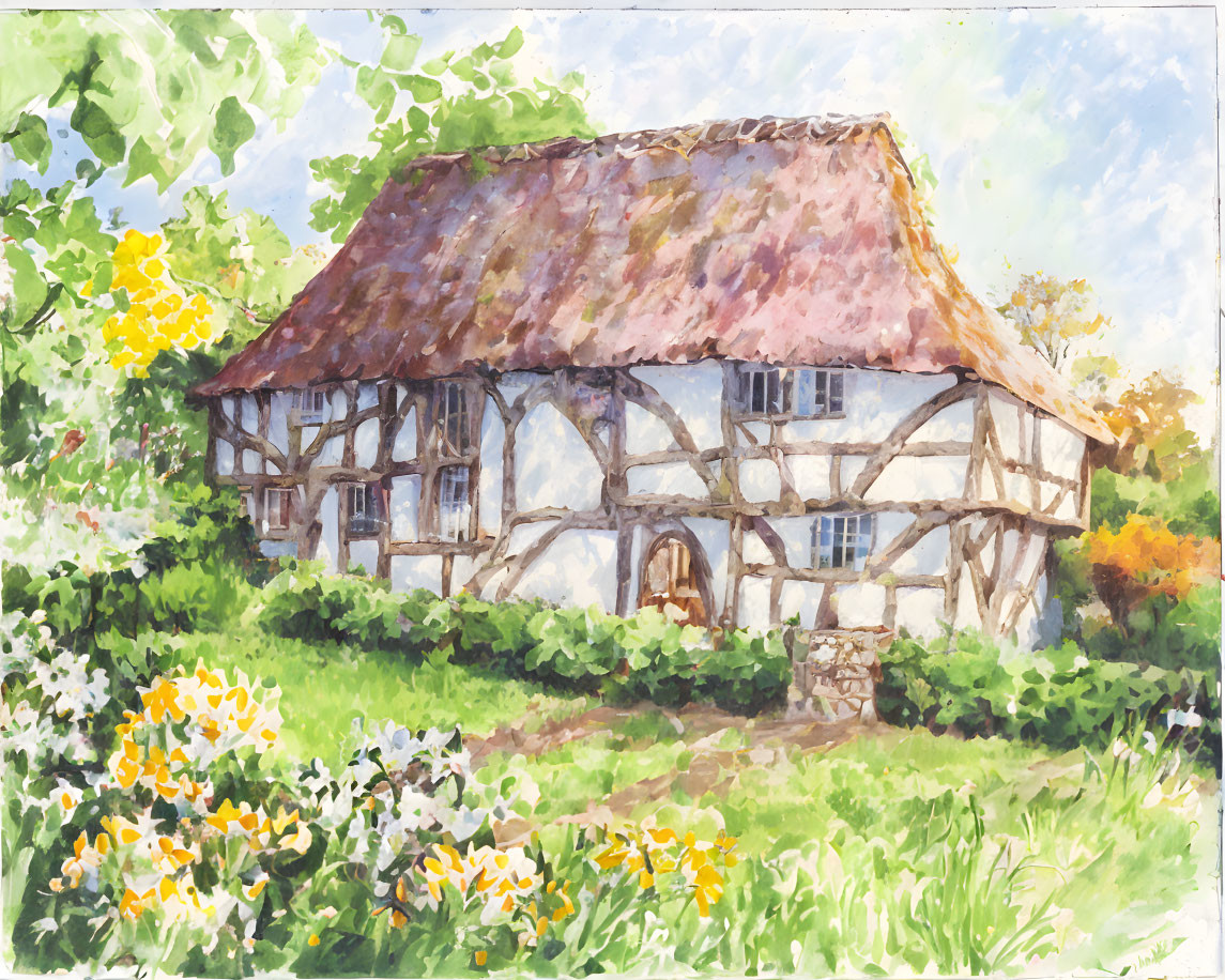 Watercolor painting of quaint half-timbered house in blooming garden