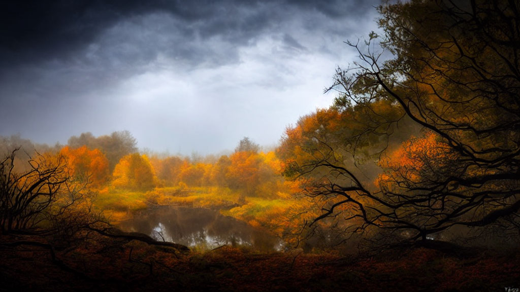 Autumn river landscape with golden trees under overcast sky