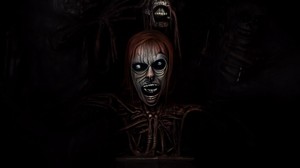 Macabre skeletal figure in red wig and mask with shadowy skulls