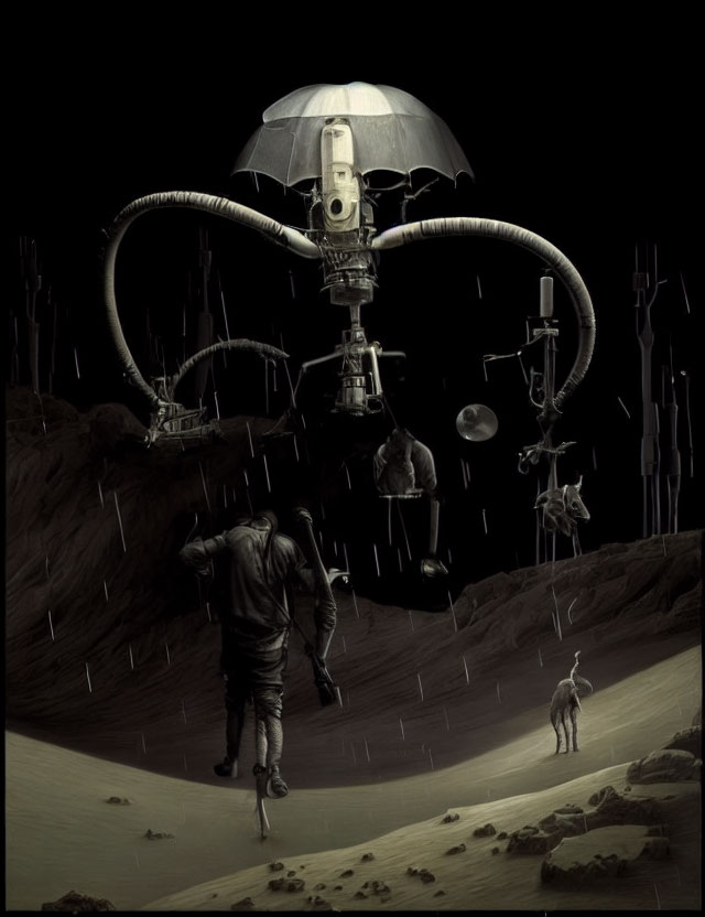 Person walking towards giant mechanical creature in surreal rainy landscape with low-hanging planets