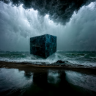 Giant Skull Partially Submerged in Stormy Ocean under Dark Sky