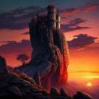 Majestic castle on steep rock formation at sunset