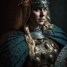 Medieval woman in armor with helmet and chainmail gazing into the distance