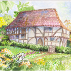 Watercolor painting of quaint half-timbered house in blooming garden