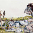 Two humans with sword and spear confront giant beast in rocky landscape.