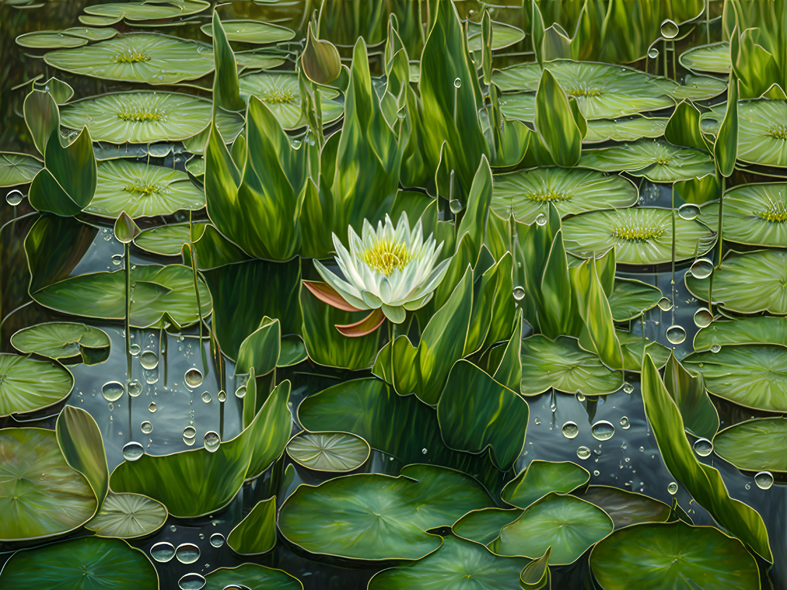 Tranquil Pond Scene with Green Lily Pads and Blooming Water Lily