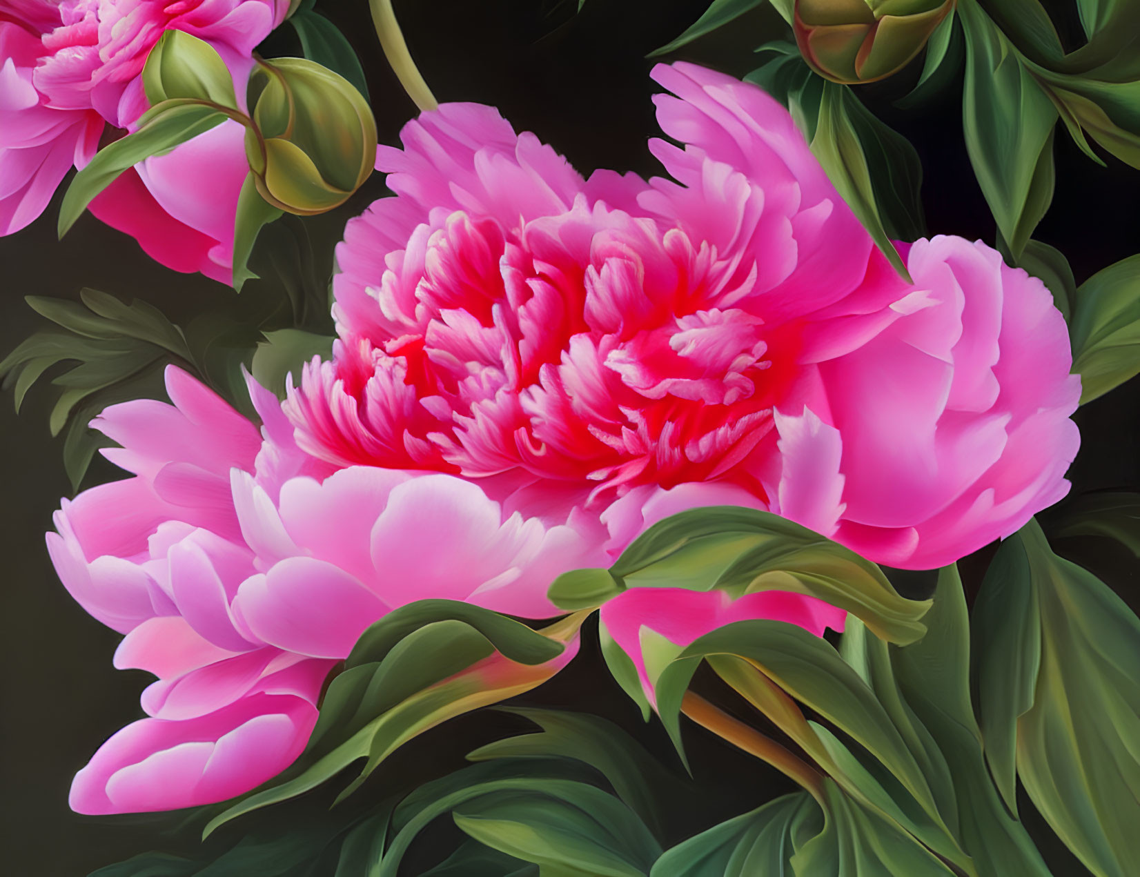 Pink Peonies with Green Foliage on Dark Background