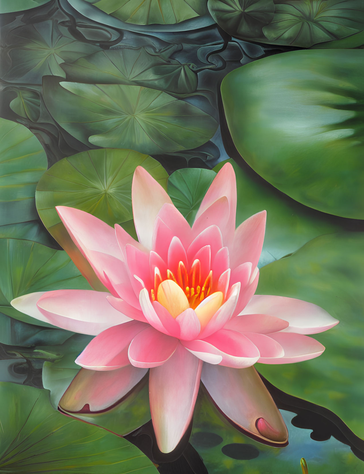 Vibrant pink water lily among lush green lily pads on serene pond