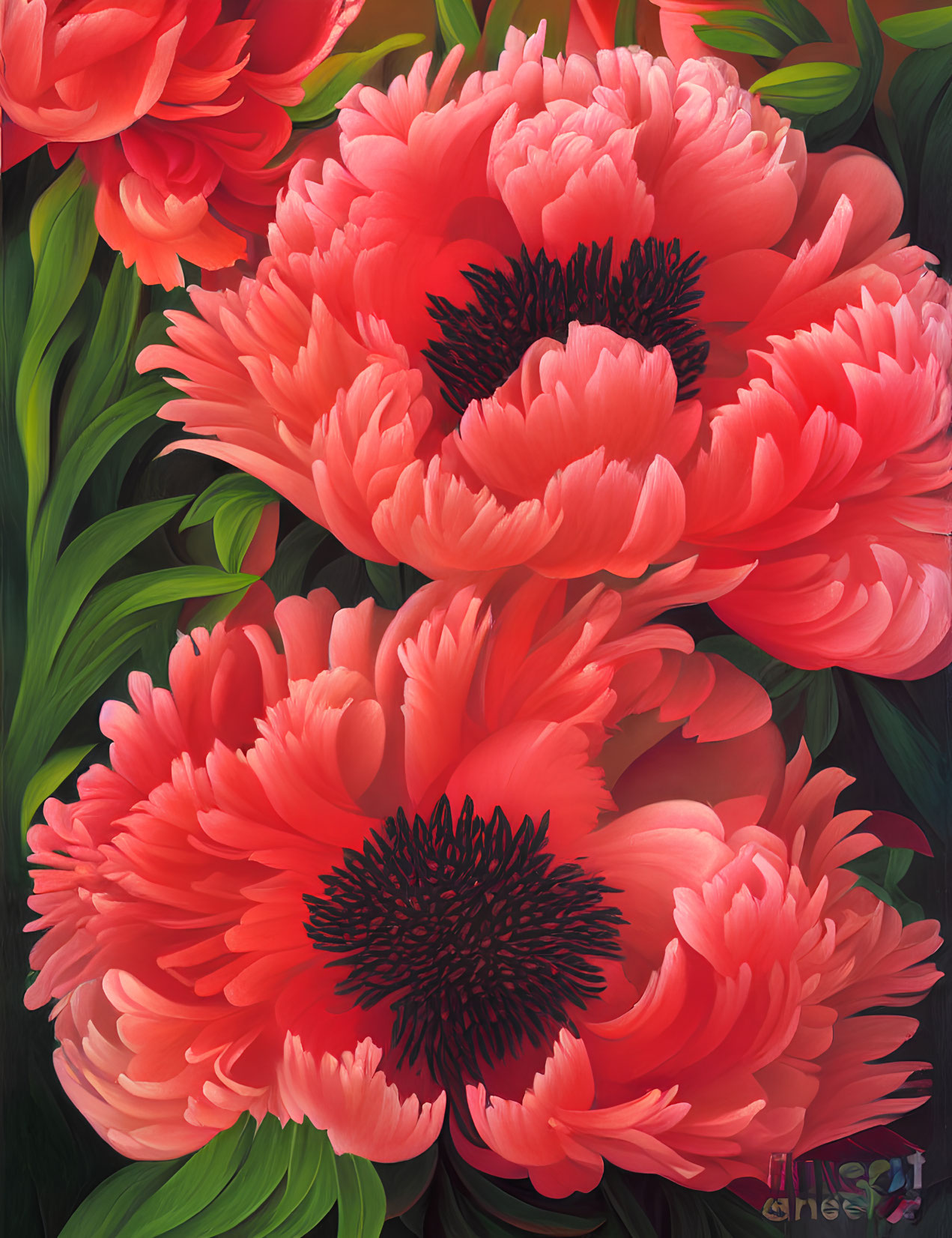 Detailed Illustration of Vibrant Red Peonies with Dark Centers