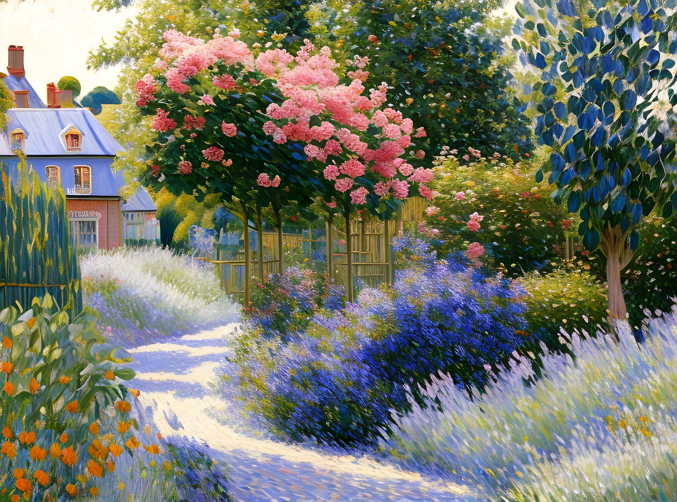 Vibrant painting of a quaint house with blooming garden and colorful flowers