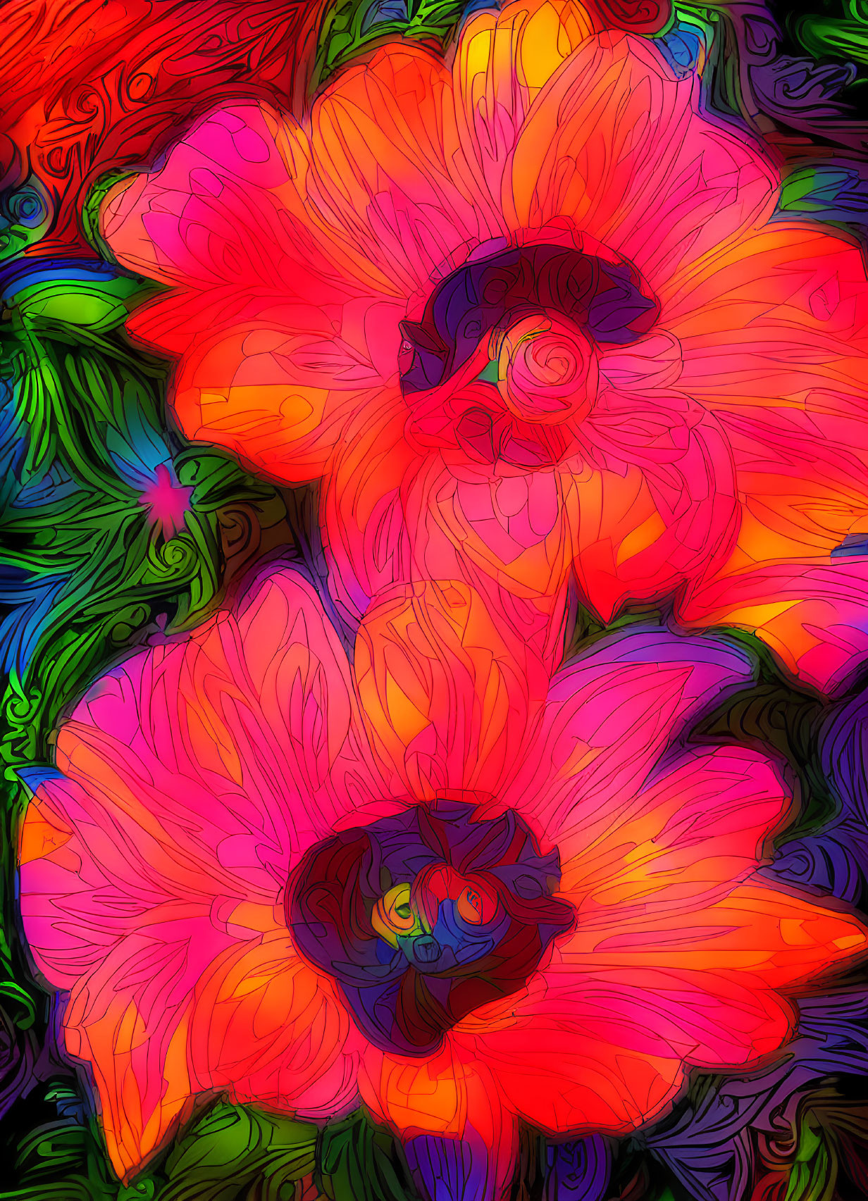 Colorful digital artwork featuring stylized pink flowers and swirling abstract background