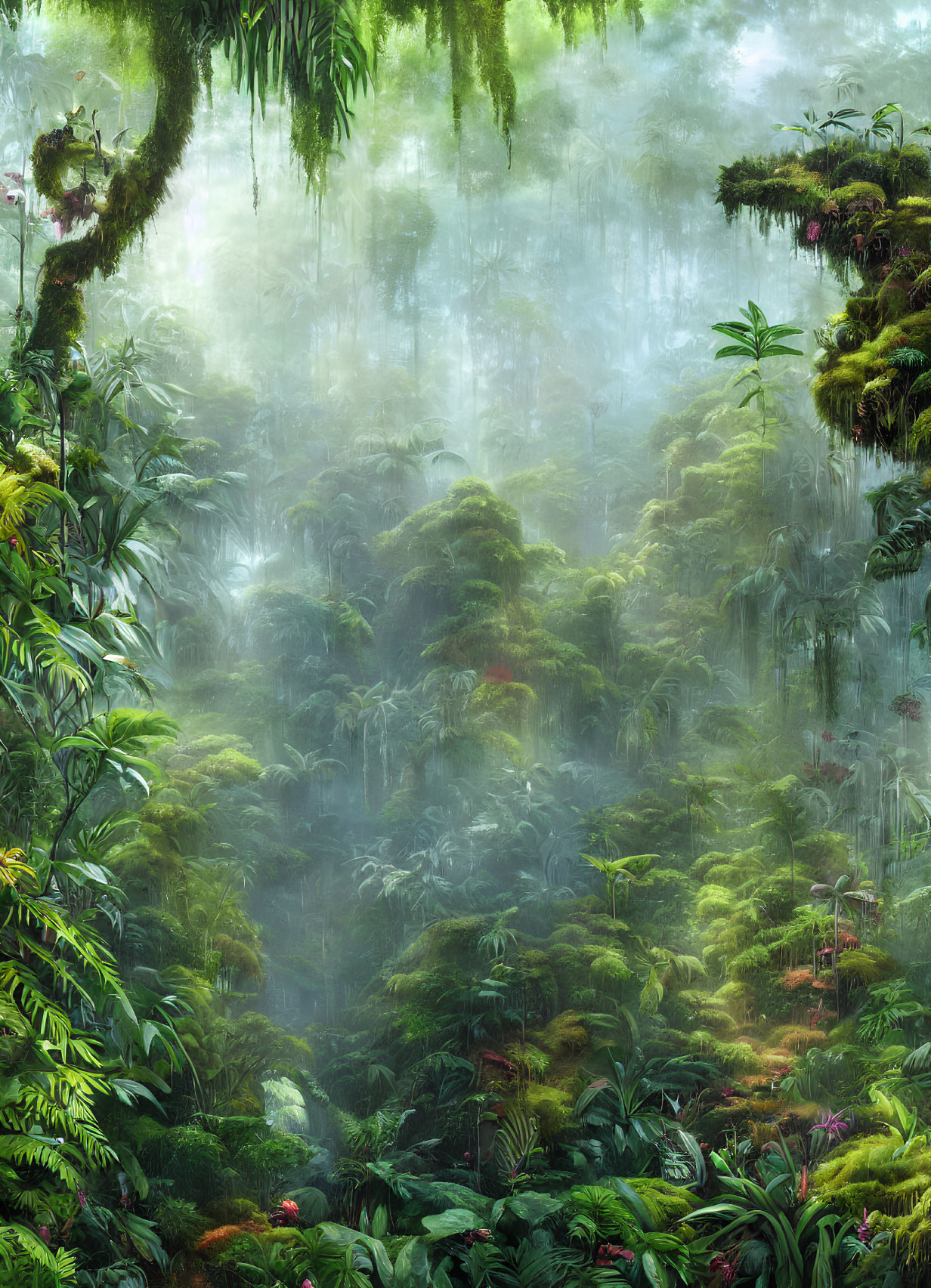 Lush tropical rainforest with misty atmosphere