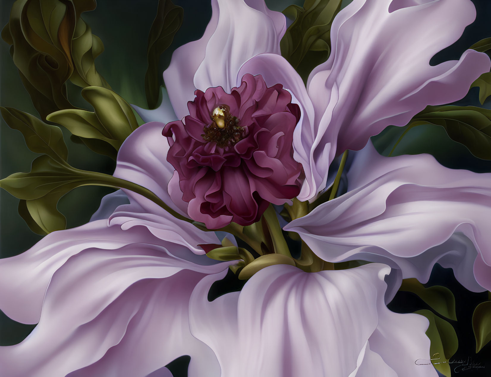 Detailed Digital Painting of Vibrant Purple Flower with White Petals and Green Leaves on Moody Background