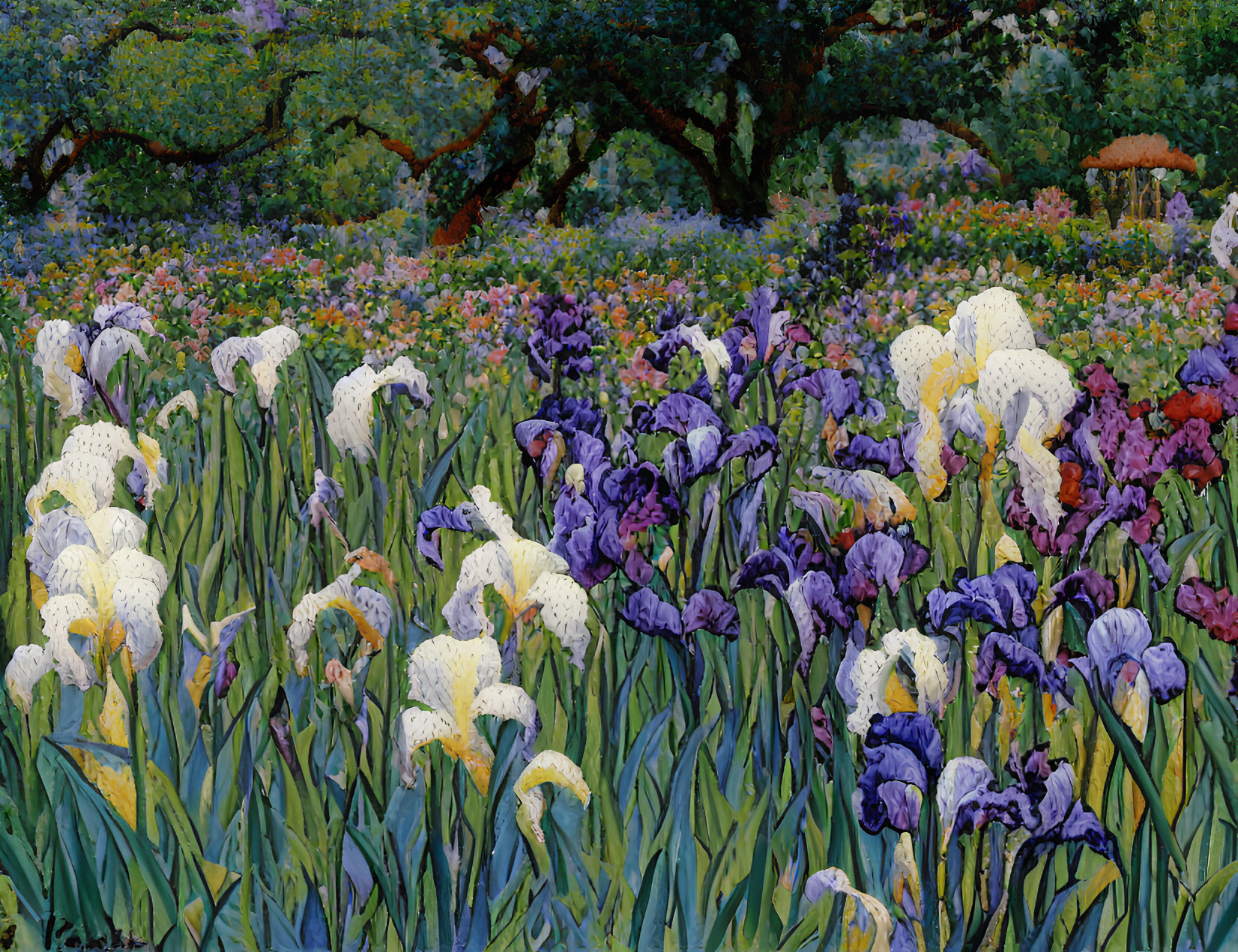 Colorful irises in purple, white, and yellow with trees and gazebo in the background