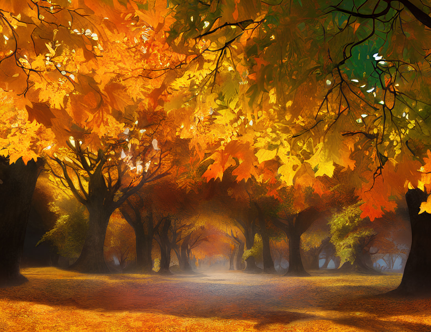 Scenic autumn pathway with vibrant trees and soft sunlight