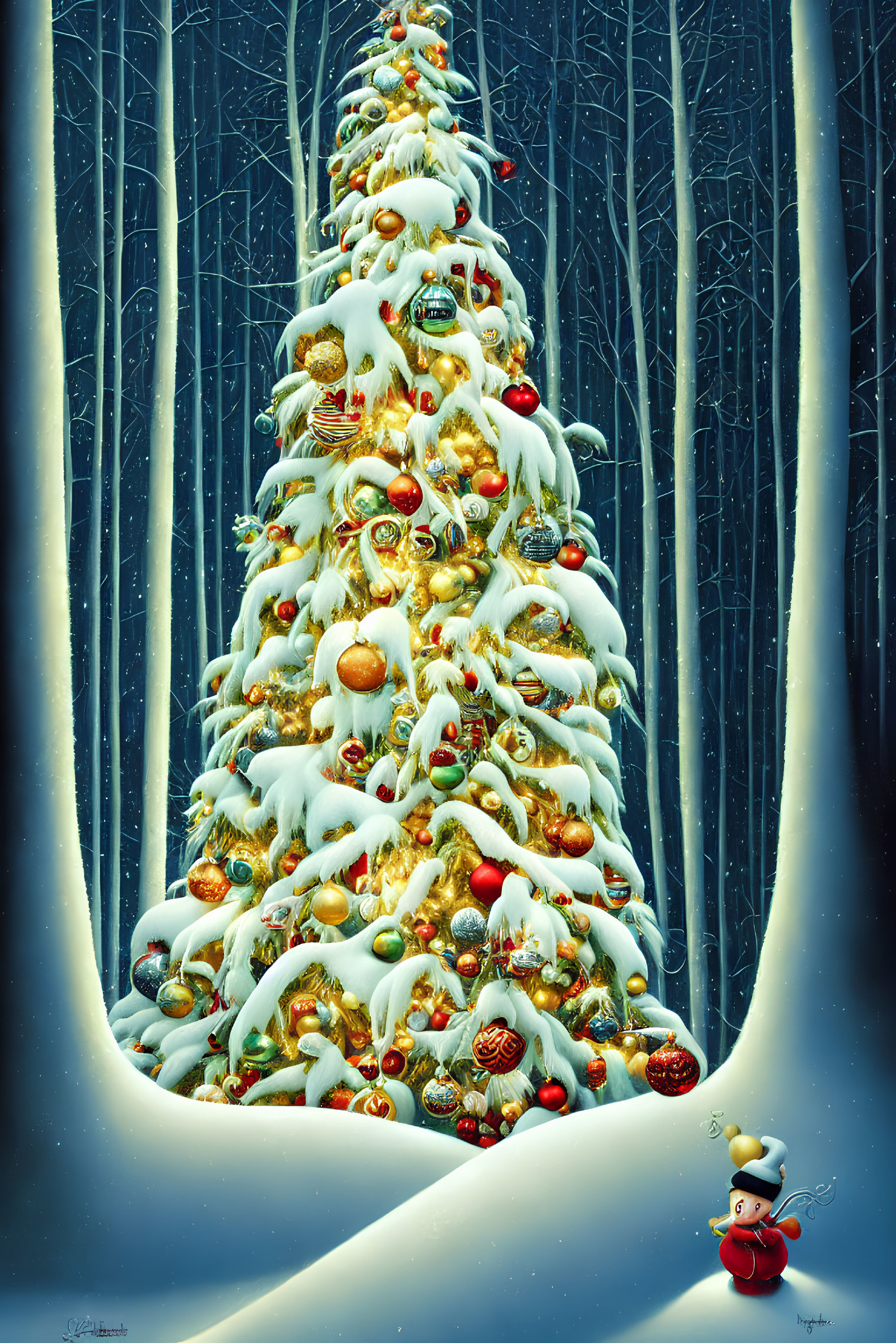 Festive Christmas tree with golden lights and snowman in snowy scene