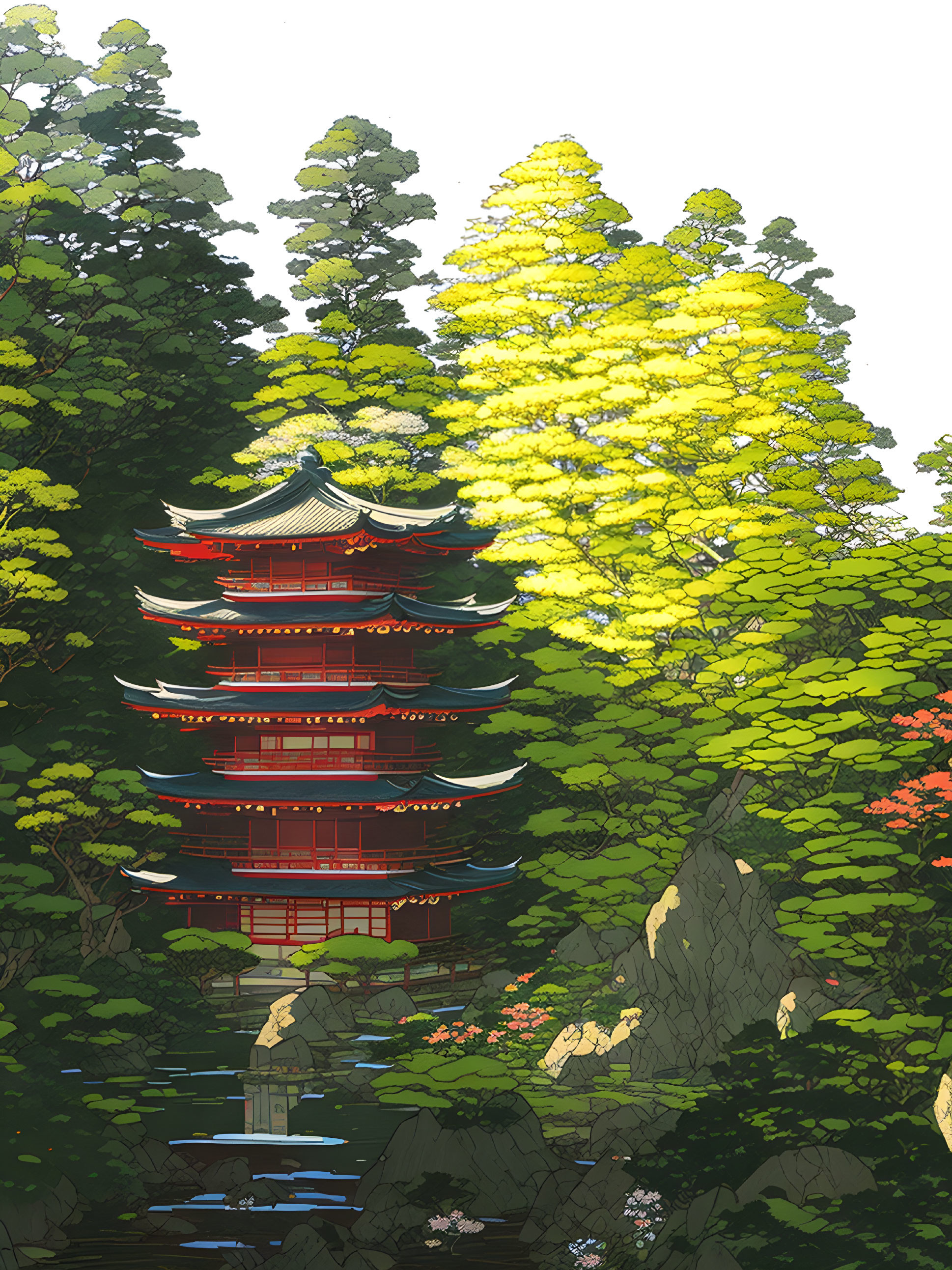 Tranquil scene: Red pagoda in lush greenery with creek and blooming flowers