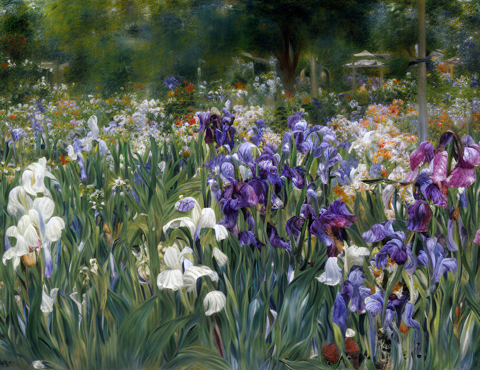 Vibrant purple and white iris flowers in lush garden painting.