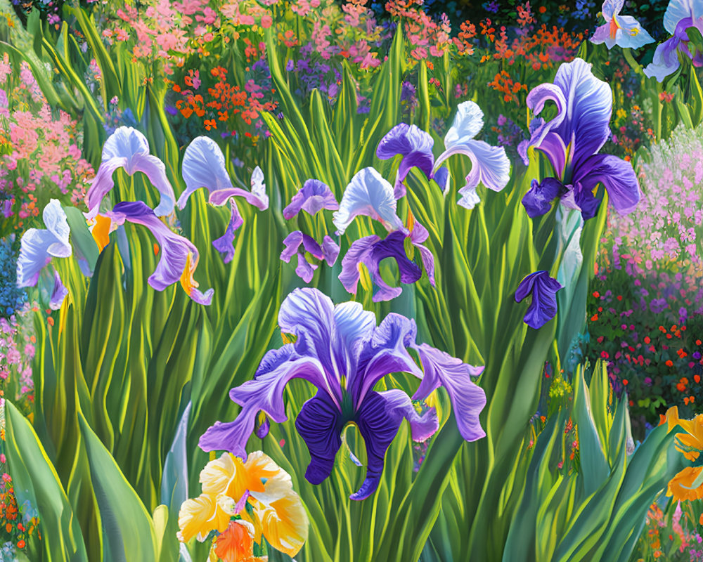 Colorful Garden Blooming with Purple and Yellow Irises