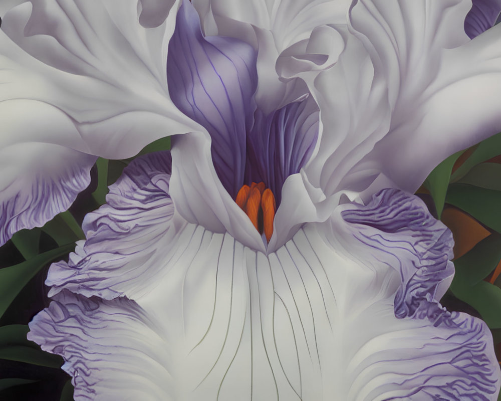 White and Purple Iris Flower with Orange Stamens Close-Up