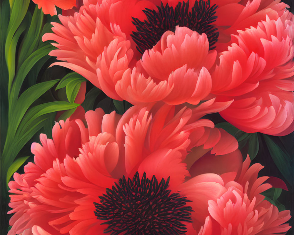 Detailed Illustration of Vibrant Red Peonies with Dark Centers