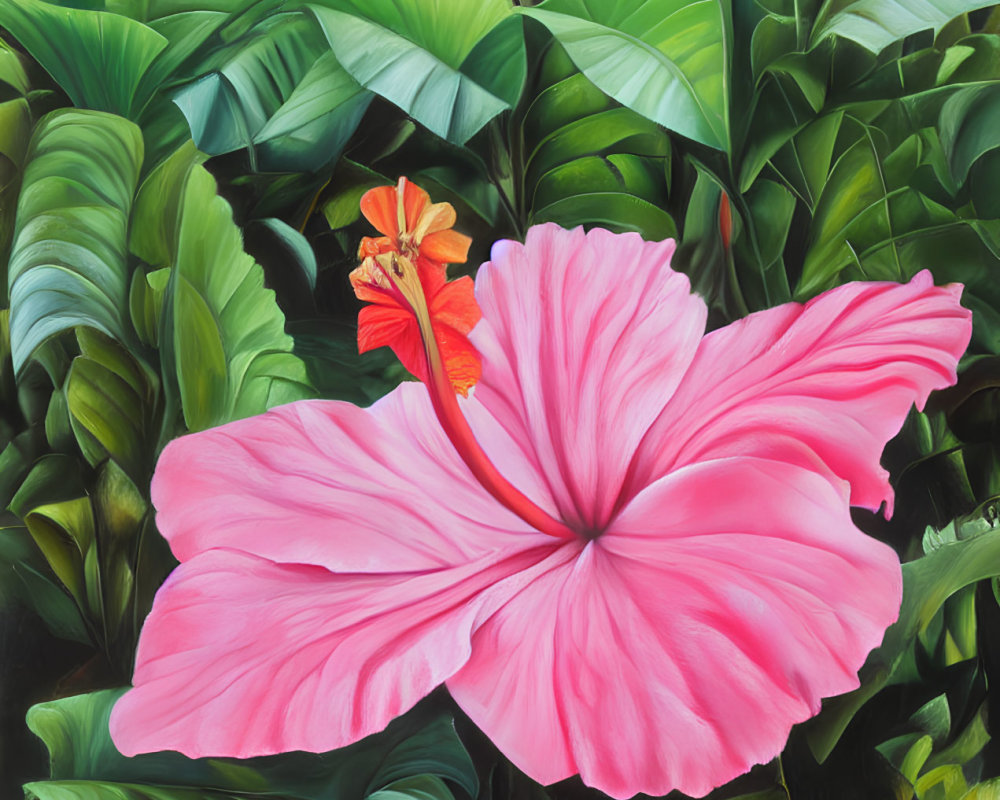 Vibrant Pink Hibiscus with Red Stamen Among Green Leaves