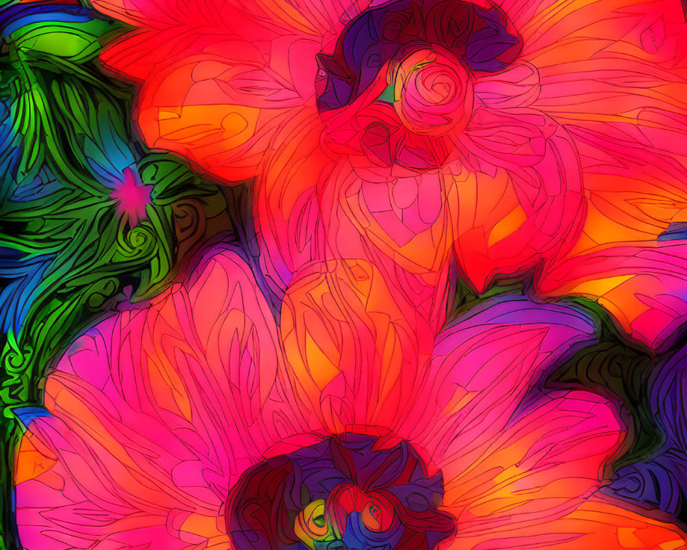 Colorful digital artwork featuring stylized pink flowers and swirling abstract background