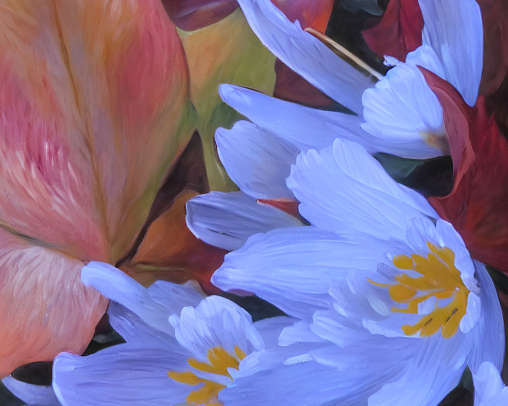 Vibrant Painting of Blue and Violet Flowers with Orange and Red Leaves