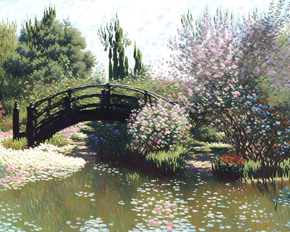 Tranquil garden painting with wooden bridge over lily pond