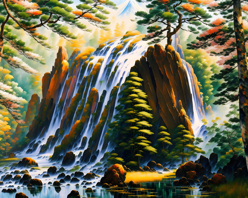 Majestic waterfall painting with autumn scenery