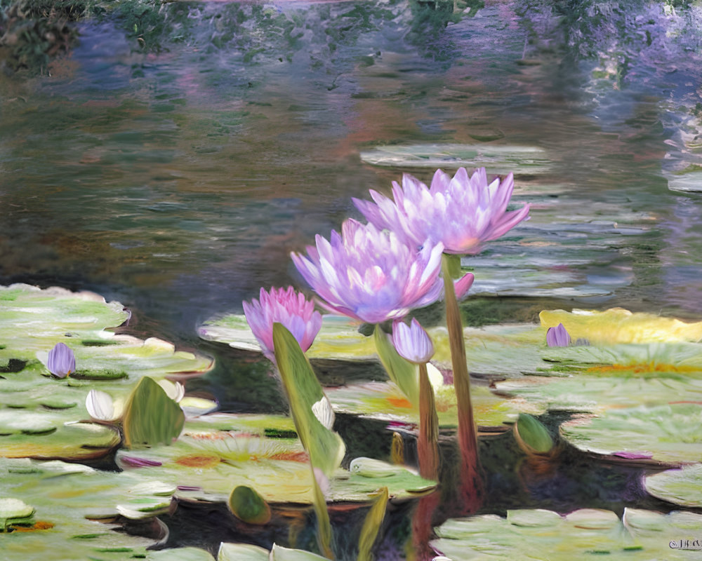 Purple Water Lilies Blooming on Tranquil Pond